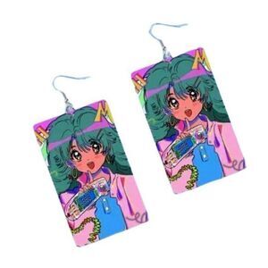 Retro Vaporwave Anime Girl Dangle Earrings Y2K Aesthetic Cartoon Drop Jewelry